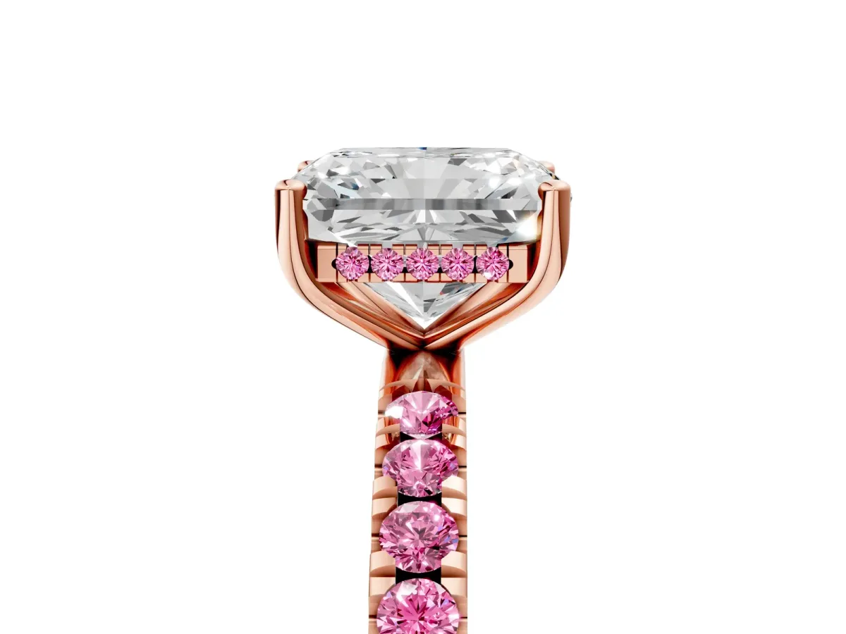 Radiant Cut Diamond Pave Band Solitaire Ring with Round Pink Sapphire and Prong Setting Rose gold