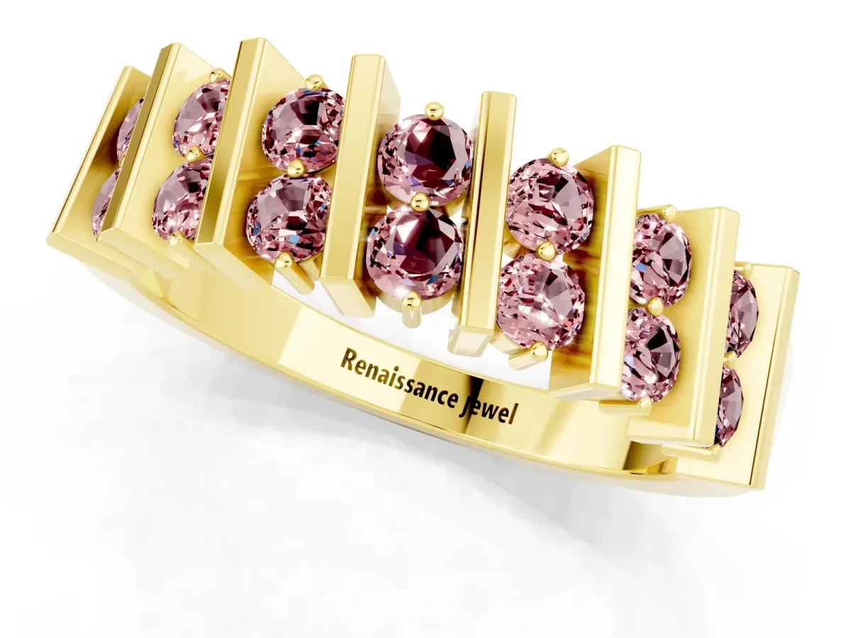 Channel Set Round Morganite Anniversary Band with Vertical Prongs Yellow gold