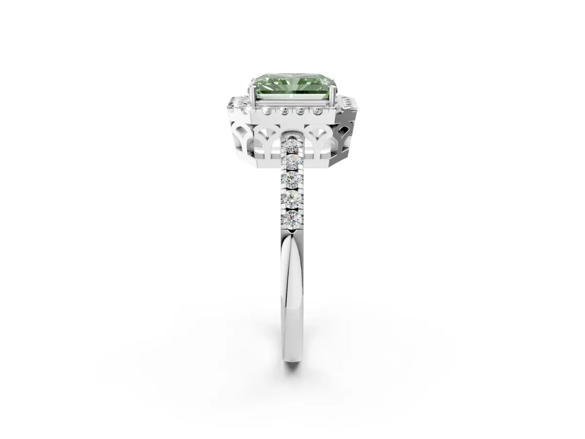 Fancy Green Radiant Cut Halo Diamond Engagement Ring with Pavé Band and Four-Prong Setting Platinum