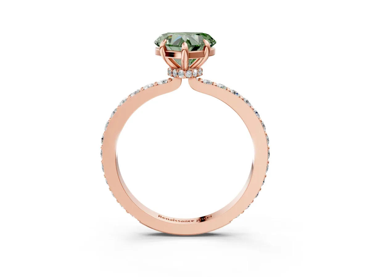 Fancy Green Heart Cut Diamond Solitaire Engagement Ring with Pavé Band and Four-Prong Setting Rose gold