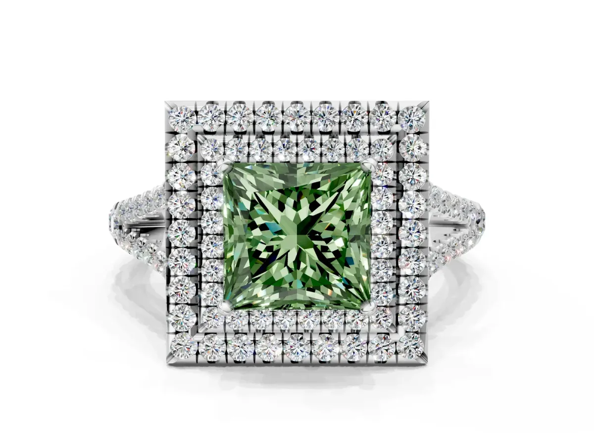 Fancy Green Princess Cut Diamond Double Halo Ring with Pavé Band and Prong Setting White gold
