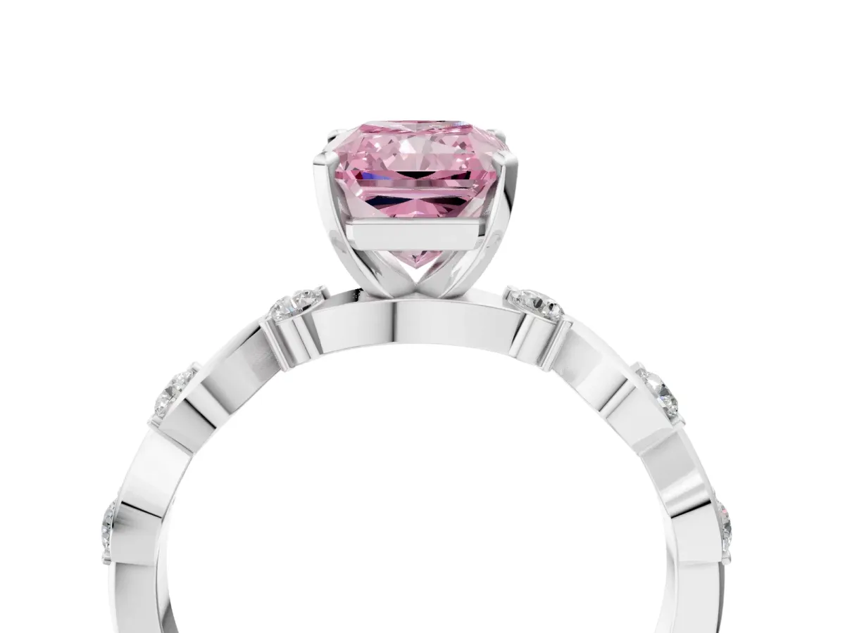 Fancy Pink Radiant Cut Diamond Solitaire Twisted Band with Round Accents and Prong Setting White gold
