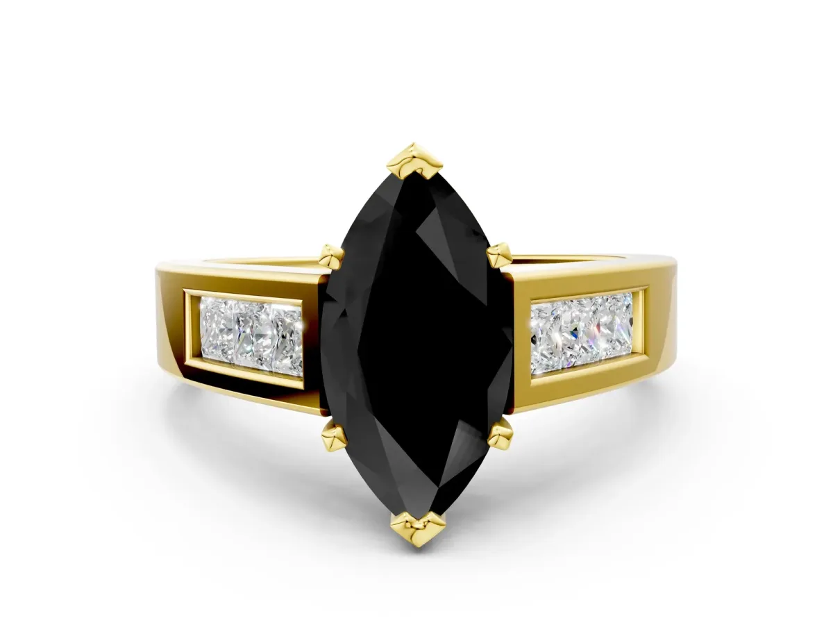 Fancy Black Marquise Cut Cut Channel Set Solitaire Ring with Four-Prong Setting Yellow gold