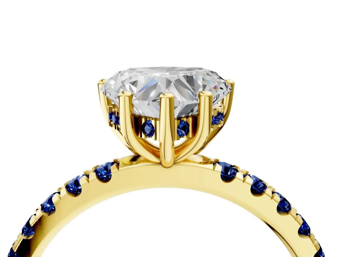 Heart Cut Diamond Pave Band Solitaire Ring with Round Blue Sapphire and Prong Setting Yellow gold