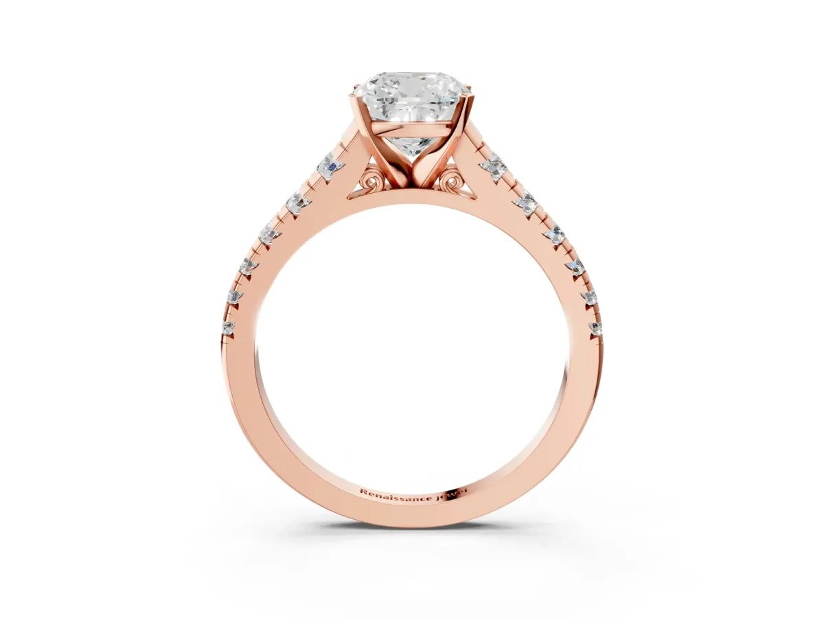 Cushion Cut Diamond Cathedral Solitaire Ring with Round Moissanite Pavé Band Rose gold