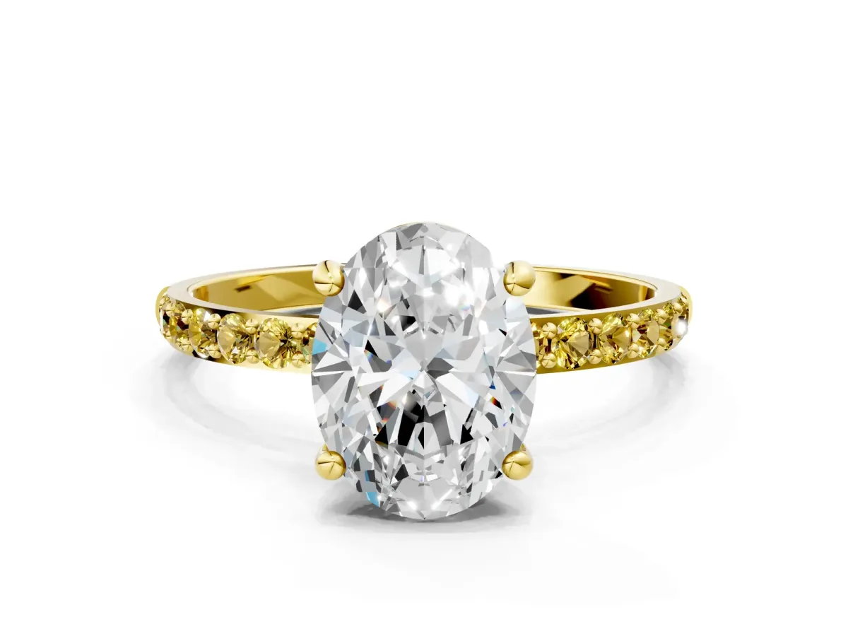 Oval Cut Diamond Solitaire Ring with Round Yellow Sapphire Pavé Band and Prong Setting Yellow gold