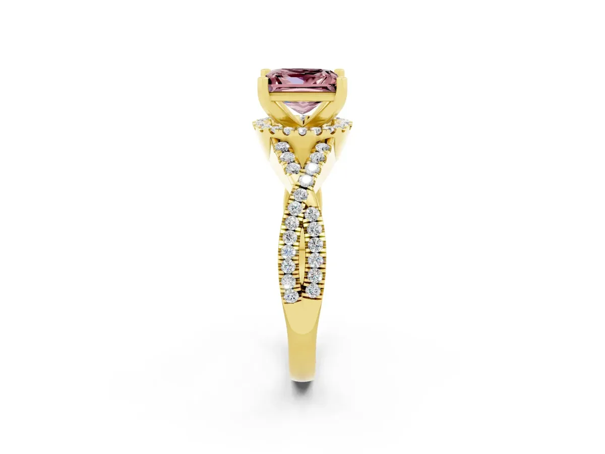 Princess Cut Morganite Halo Twist Band Solitaire Prong Setting Ring Yellow gold