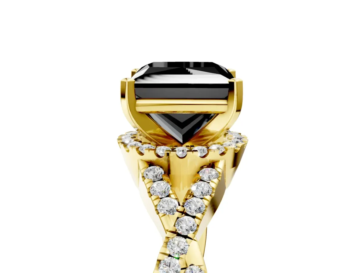 Fancy Black Princess Cut Diamond Halo Twist Band Solitaire Prong Setting Ring Yellow gold