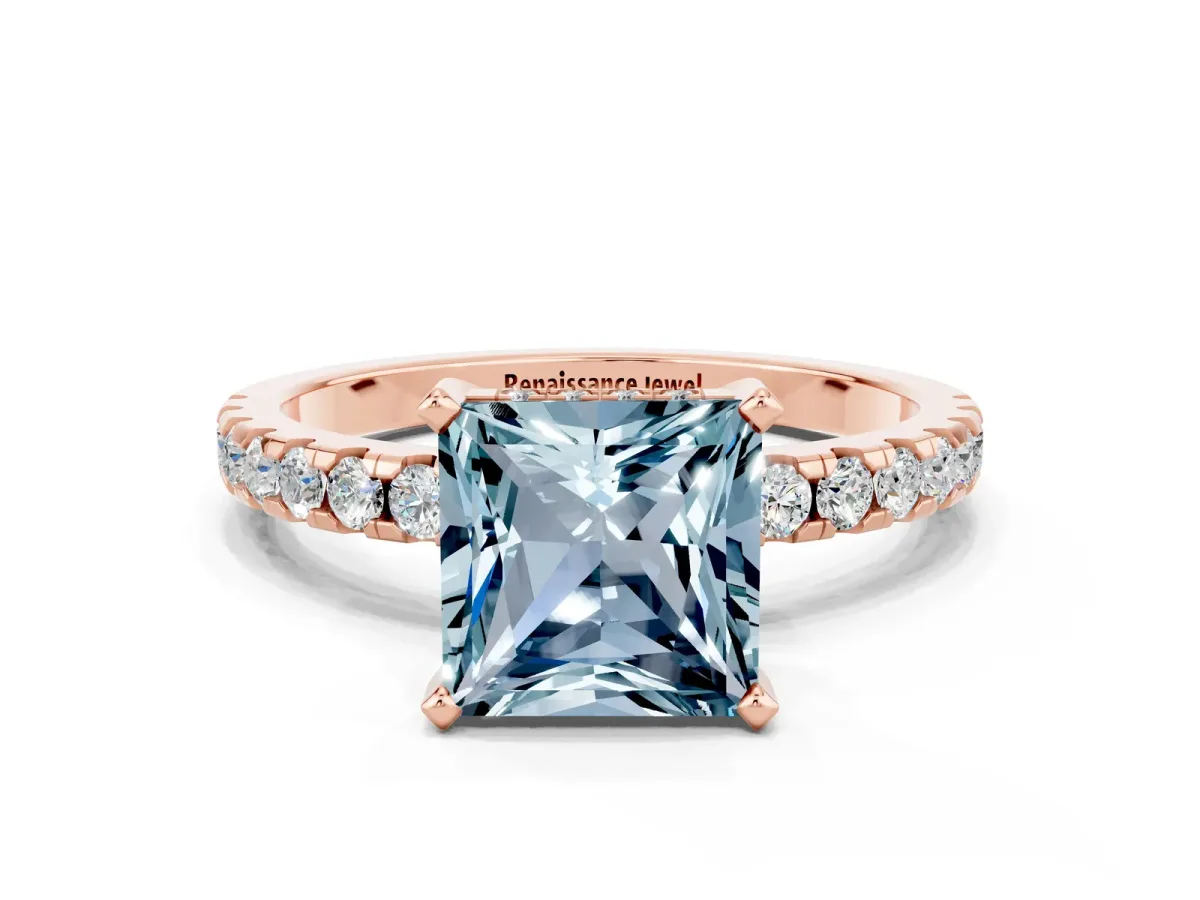 Princess Cut Aquamarine Solitaire Ring with Round Pavé Band and Four-Prong Setting Rose gold