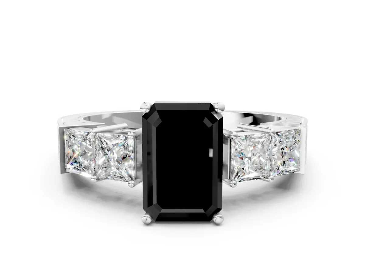 Fancy Black Emerald Cut Solitaire Princess Side Stone Engraved Band Prong Setting Ring White gold