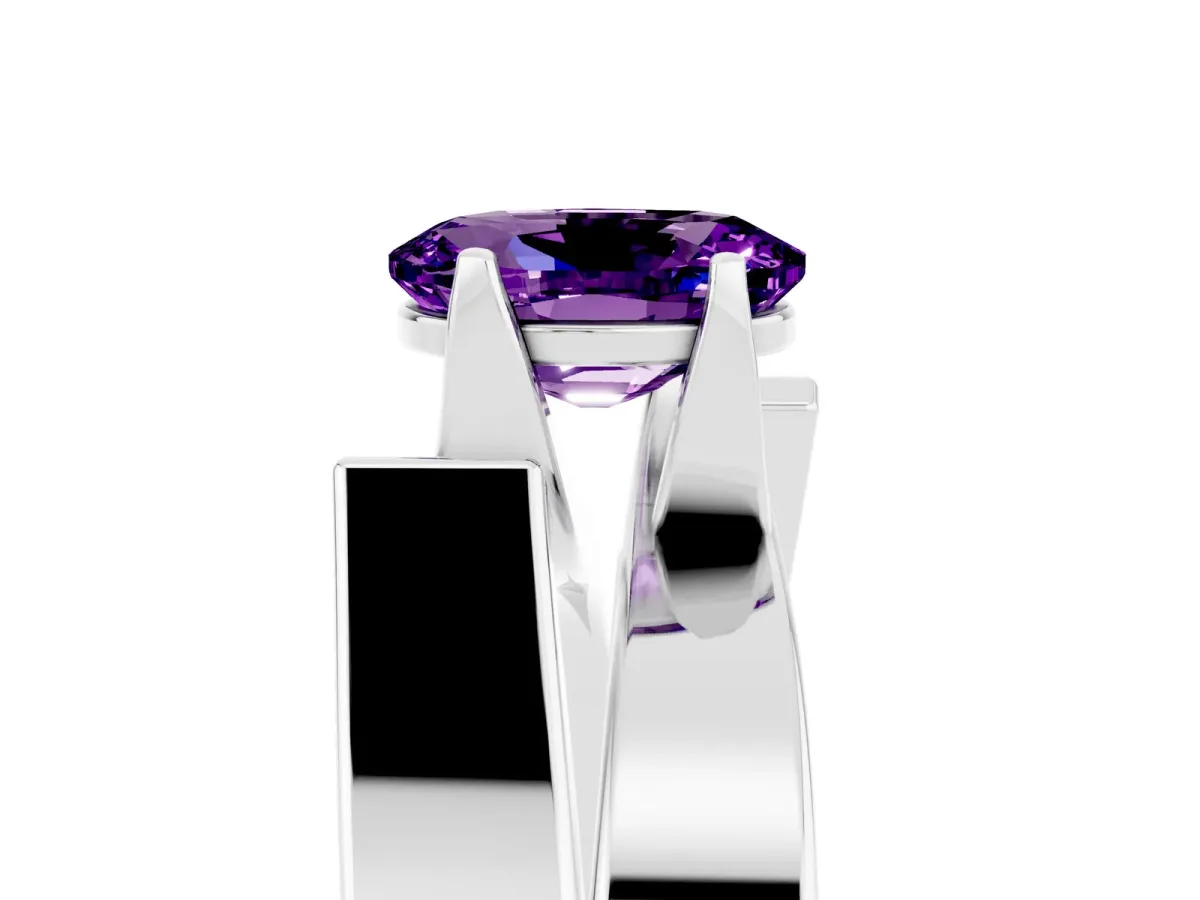 Modern Tension Set Oval Cut Amethyst Solitaire Wide Band Ring Silver