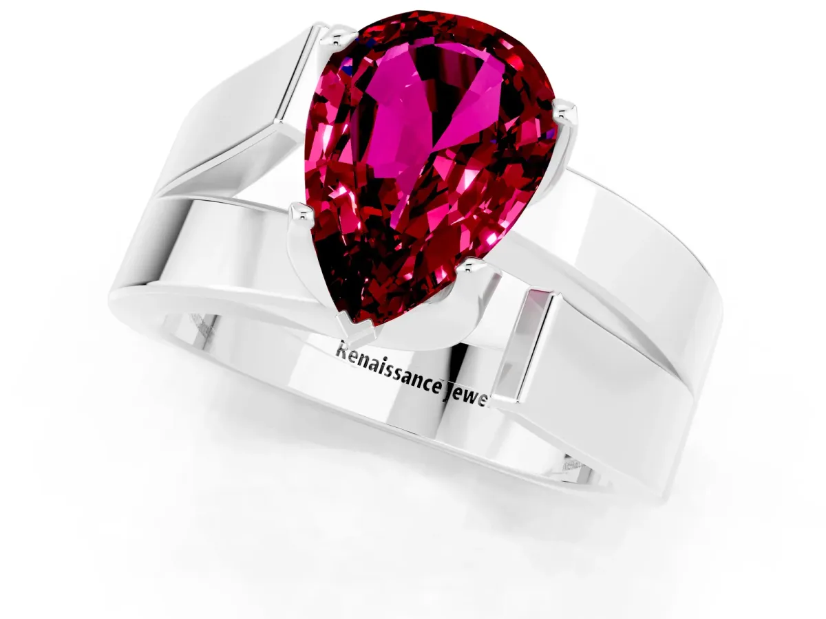 Modern Tension Set Pear Cut Garnet Solitaire Wide Band Ring Silver