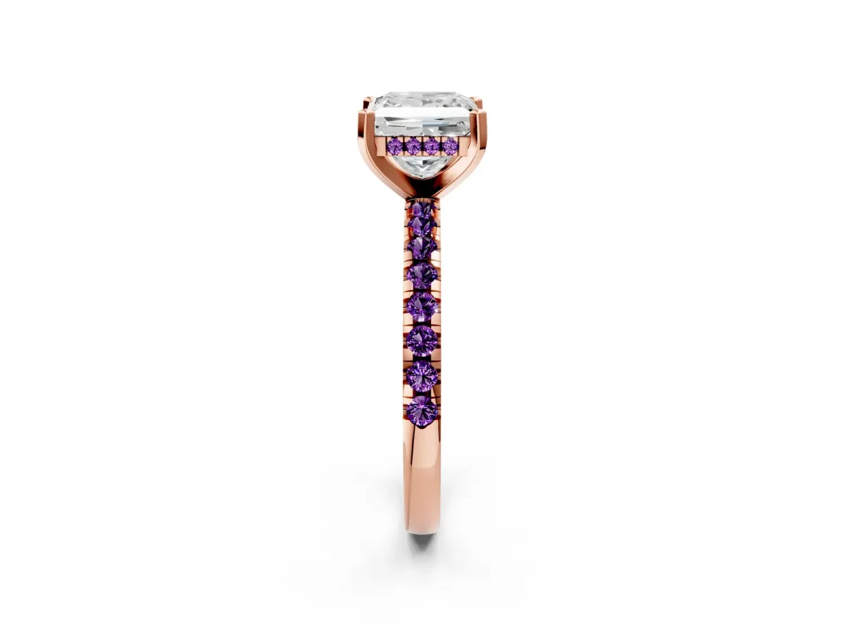 Princess Cut Diamond Solitaire Ring with Round Amethyst Pavé Band and Four-Prong Setting Rose gold
