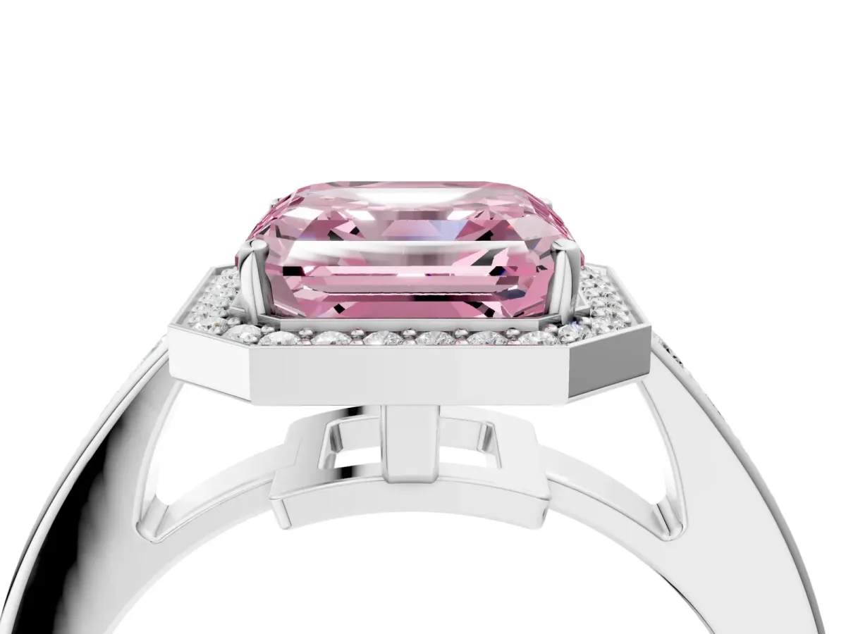 Fancy Pink Asscher Cut Halo Pavé Diamond Engagement Ring with Bezel Setting Silver