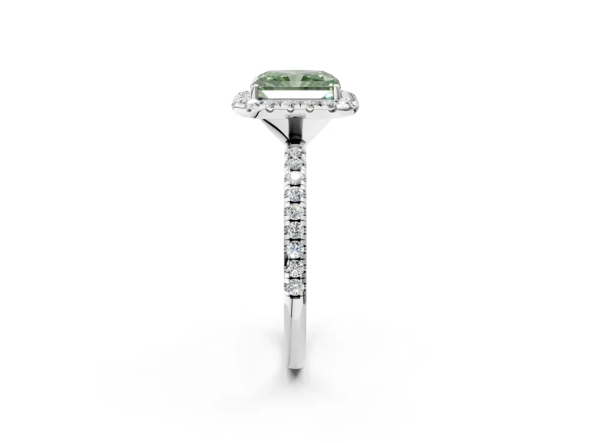 Fancy Green Radiant Cut Diamond Halo Engagement Ring with Round Pavé Band and Prong Setting Platinum