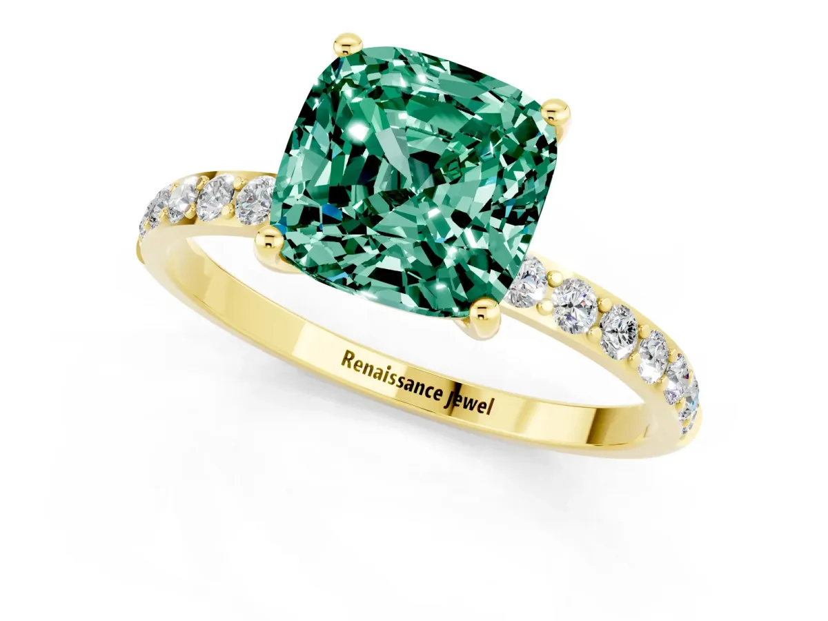 Cushion Cut Green Sapphire Solitaire Ring with Round Pavé Band and Prong Setting Yellow gold