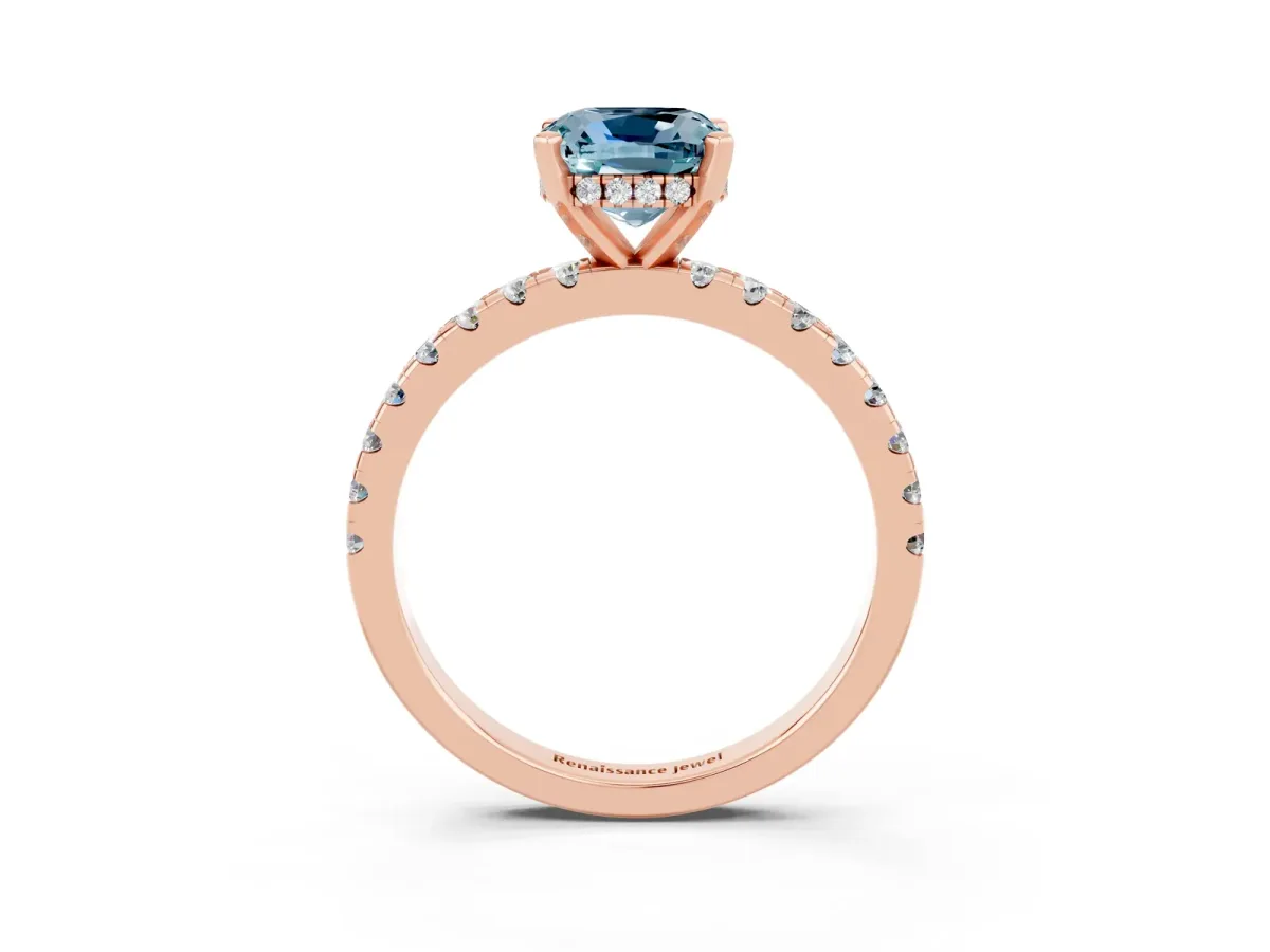 Cushion Cut Aquamarine Solitaire Ring with Round Pavé Band and Four-Prong Setting Rose gold