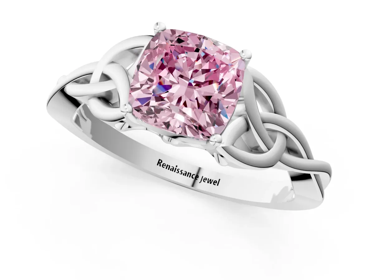 Fancy Pink Cushion Cut Diamond Solitaire Engagement Ring with Celtic Knot Band and Four-Prong Setting White gold
