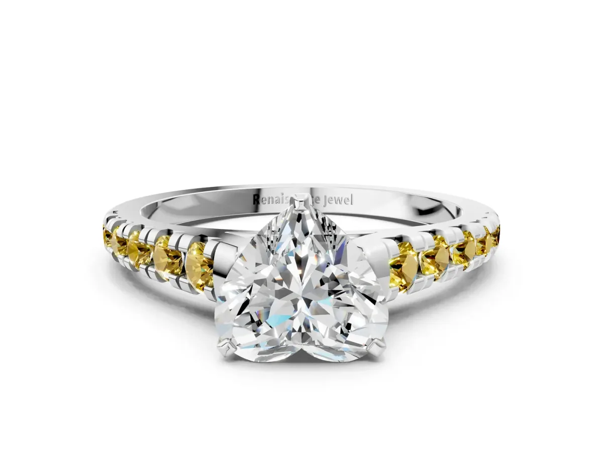 Heart Cut Diamond Cathedral Solitaire Ring with Round Yellow Sapphire Pavé Band White gold