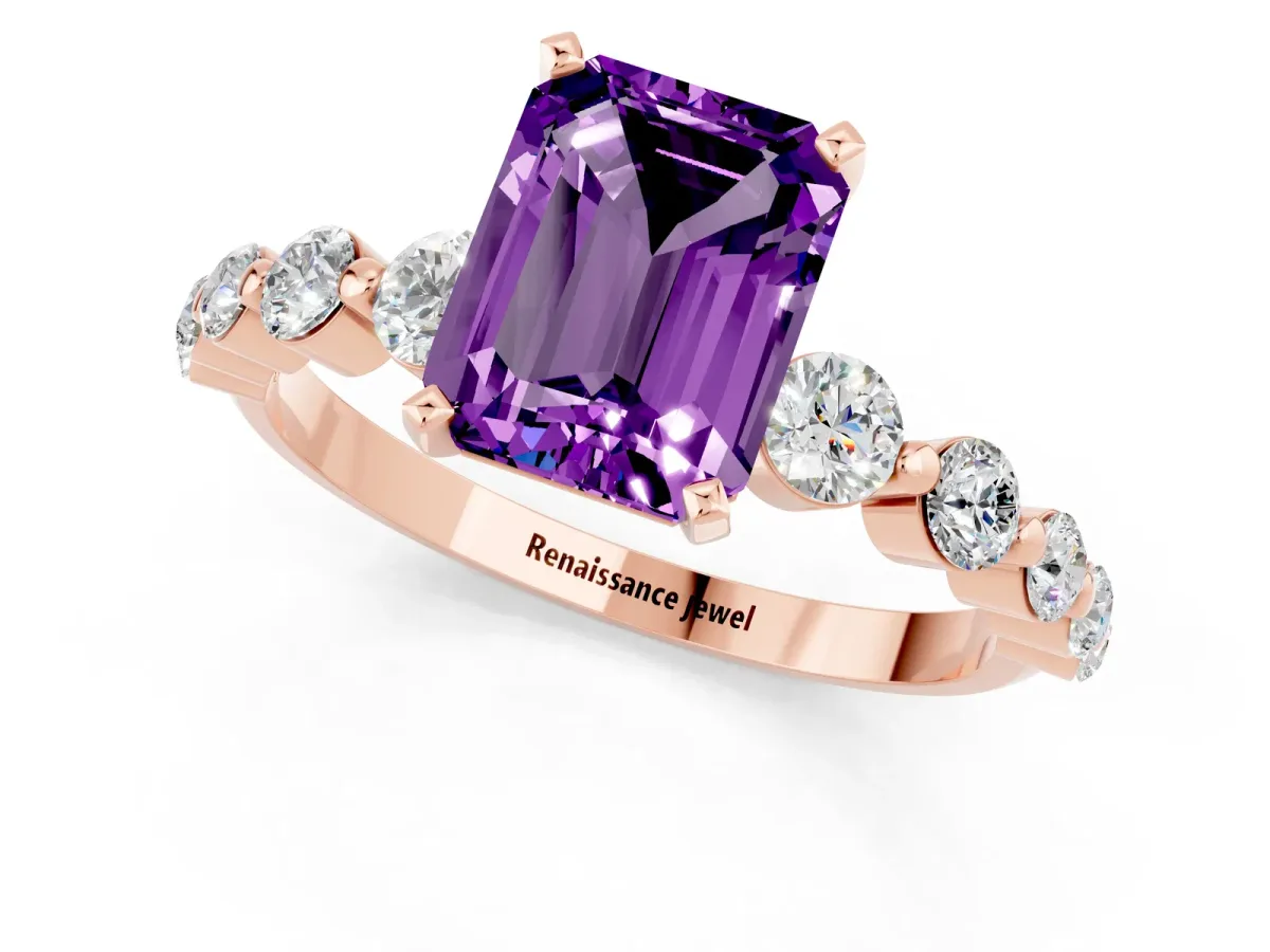 Emerald Cut Solitaire Amethyst Ring with Pave Band and Four-Prong Setting Rose gold