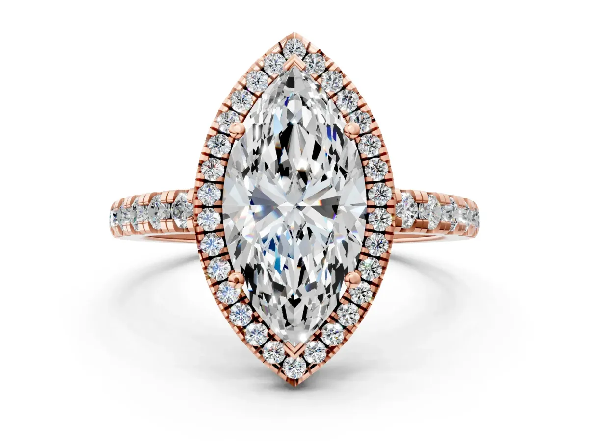Marquise Cut Diamond Halo Ring with Pavé Band and Four-Prong Setting Rose gold