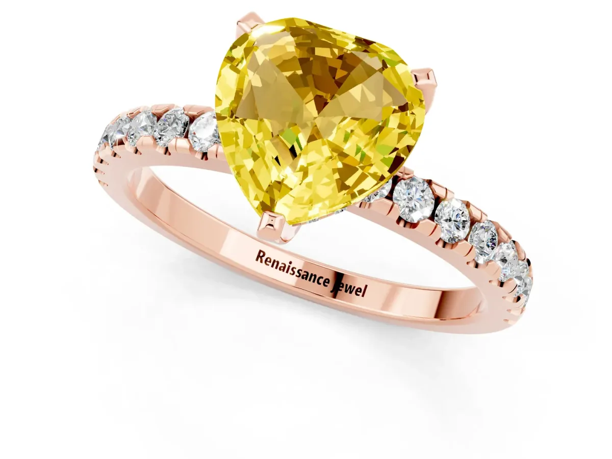Heart Cut Yellow Sapphire Solitaire Ring with Round Pavé Band and Four-Prong Setting Rose gold