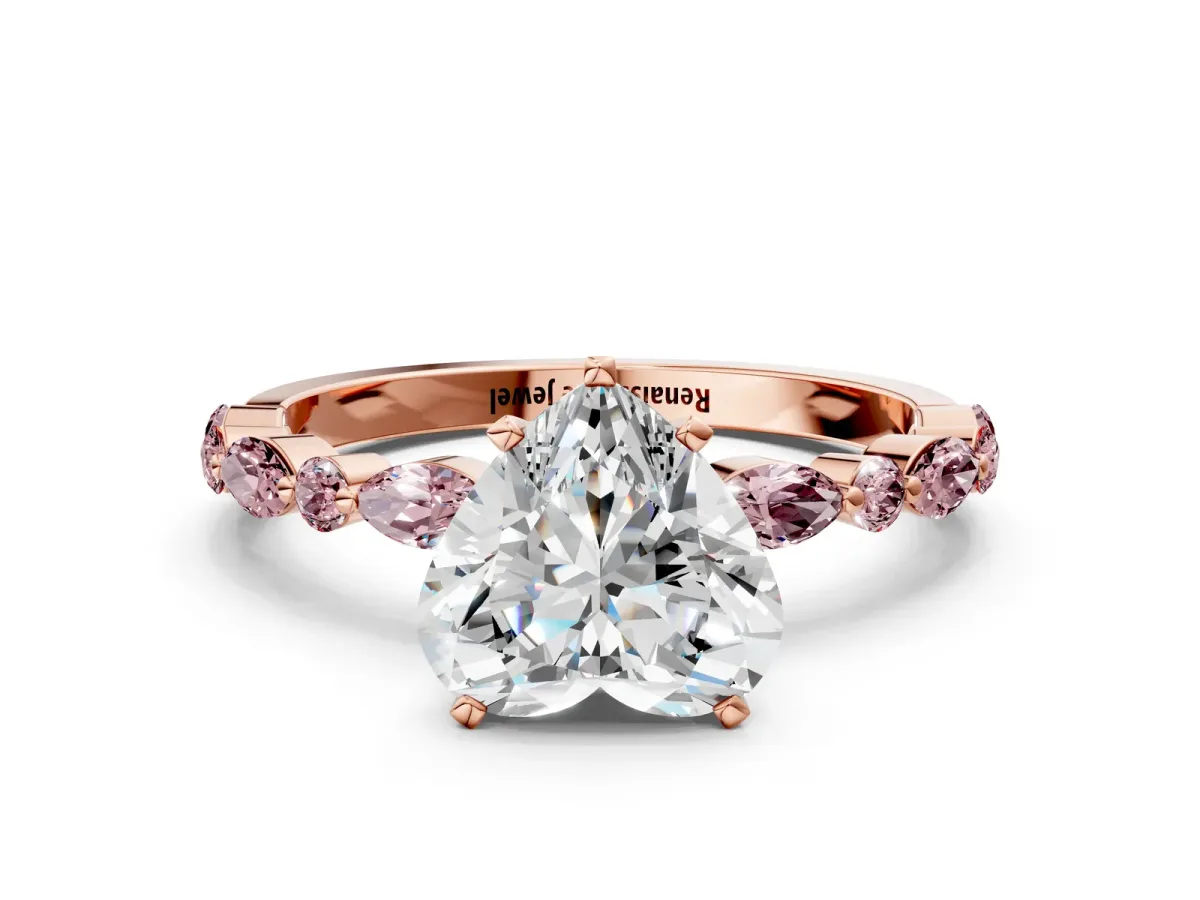 Heart Cut Diamond Ring with Marquise and Round Morganite Side Stones and Four-Prong Setting Rose gold