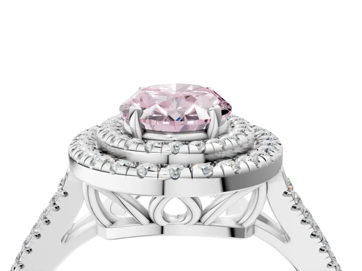 Fancy Pink Oval Cut Diamond Double Halo Ring with Pavé Band and Prong Setting Silver