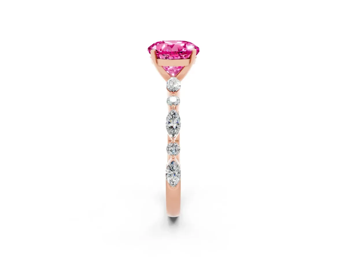 Round Cut Pink Sapphire Ring with Marquise and Round Side Stones and Four-Prong Setting Rose gold
