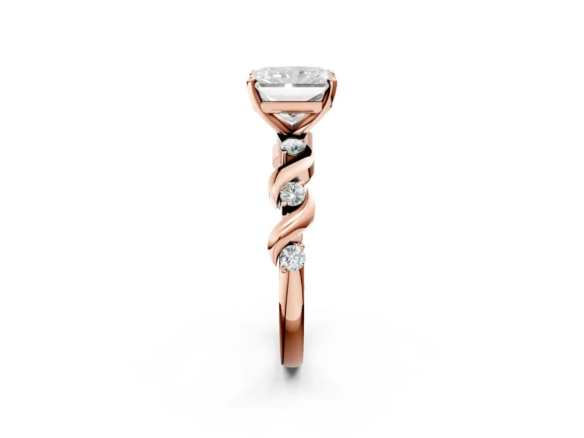 Radiant Cut Diamond Solitaire Twisted Band with Round Accents and Prong Setting Rose gold