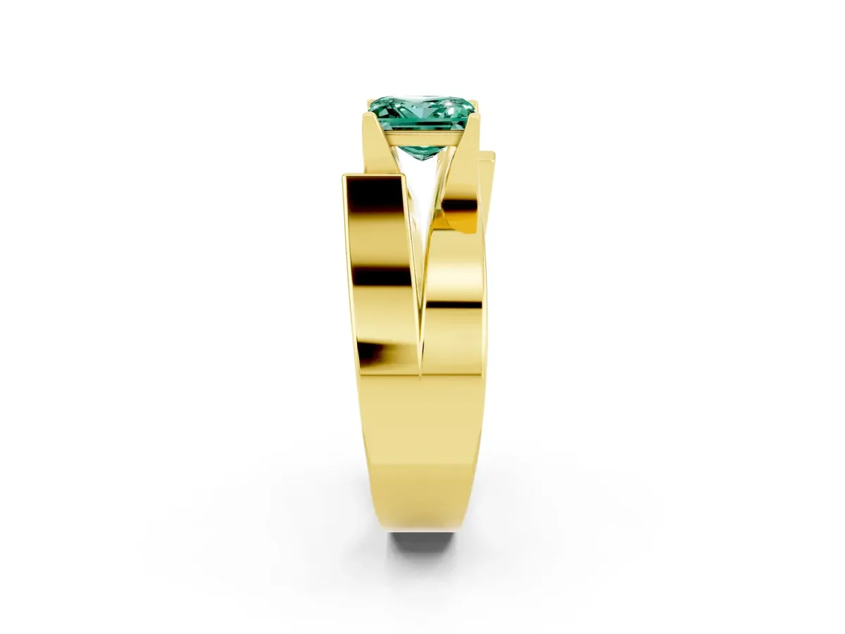 Modern Tension Set Princess Cut Green Sapphire Solitaire Wide Band Ring Yellow gold