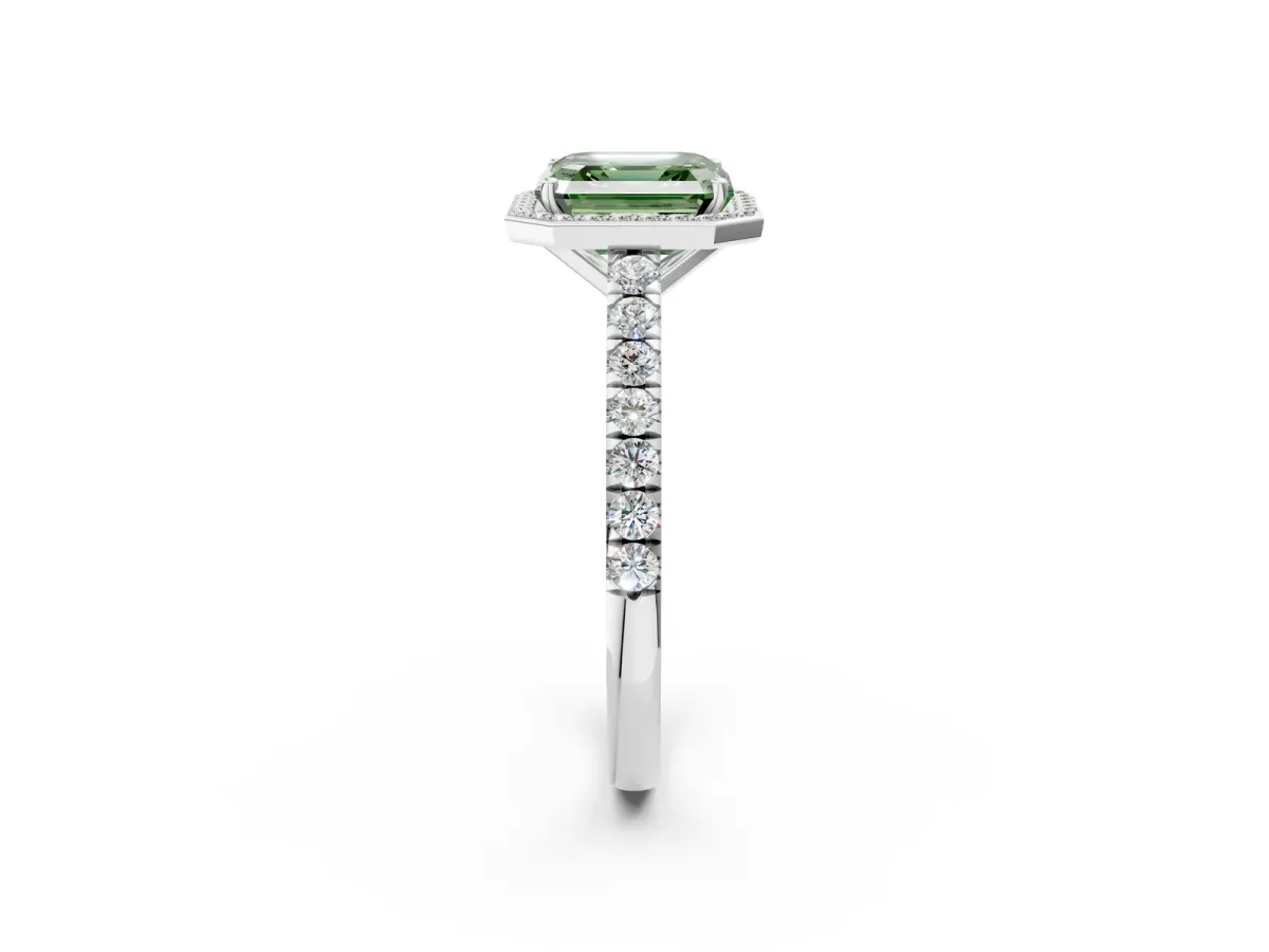 Fancy Green Asscher Cut Cut Halo Diamond Engagement Ring with Pave Band and Four-Prong Setting Platinum