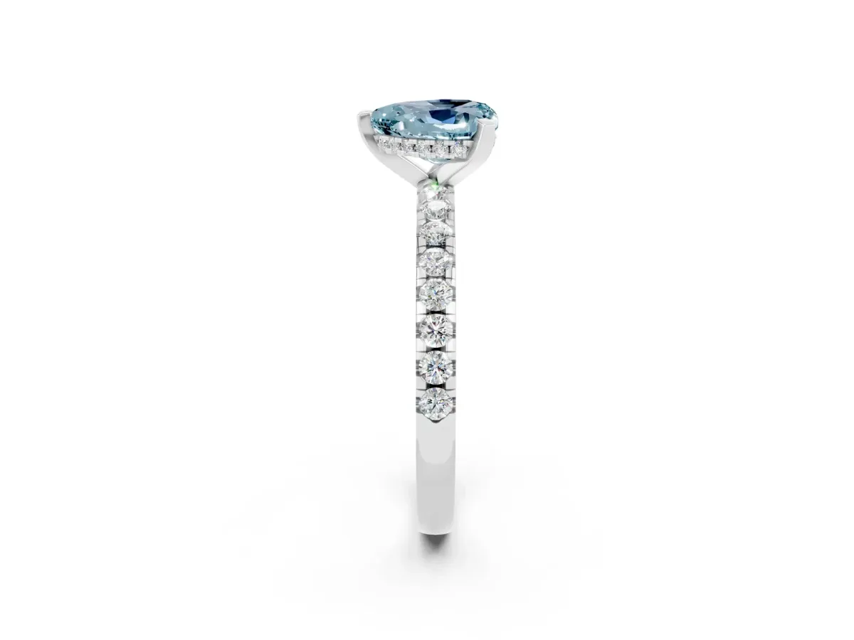 Heart Cut Aquamarine Solitaire Ring with Round Pavé Band and Four-Prong Setting White gold