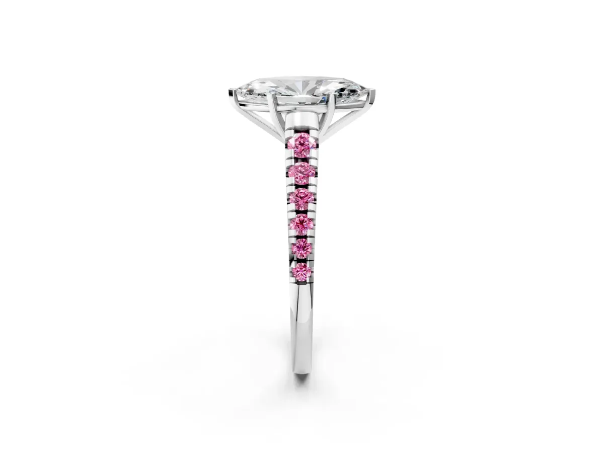 Marquise Cut Diamond Cathedral Solitaire Ring with Round Pink Sapphire Pavé Band White gold
