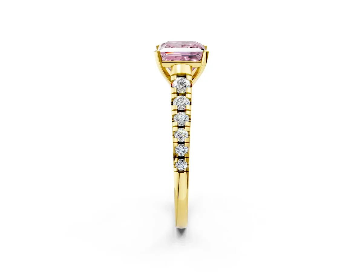 Fancy Pink Princess Cut Diamond Cathedral Solitaire Ring with Round Pavé Band Yellow gold