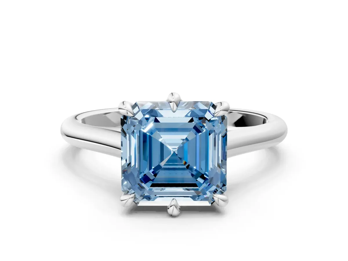Fancy Blue Asscher Cut Solitaire Engagement Ring with Six-Prong Setting and Classic Band Platinum