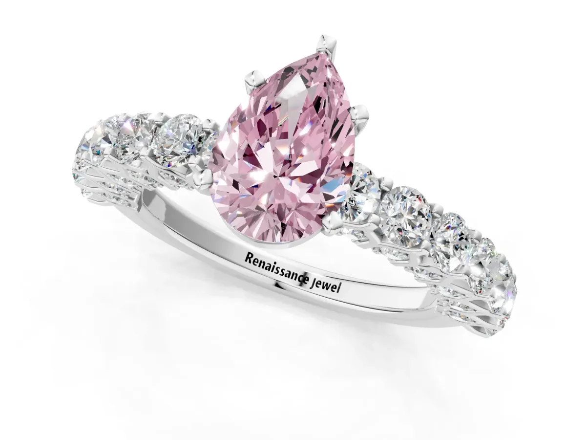 Fancy Pink Pear Cut Diamond Solitaire Ring with Shared Prong Pavé Band and Four-Prong Setting Silver