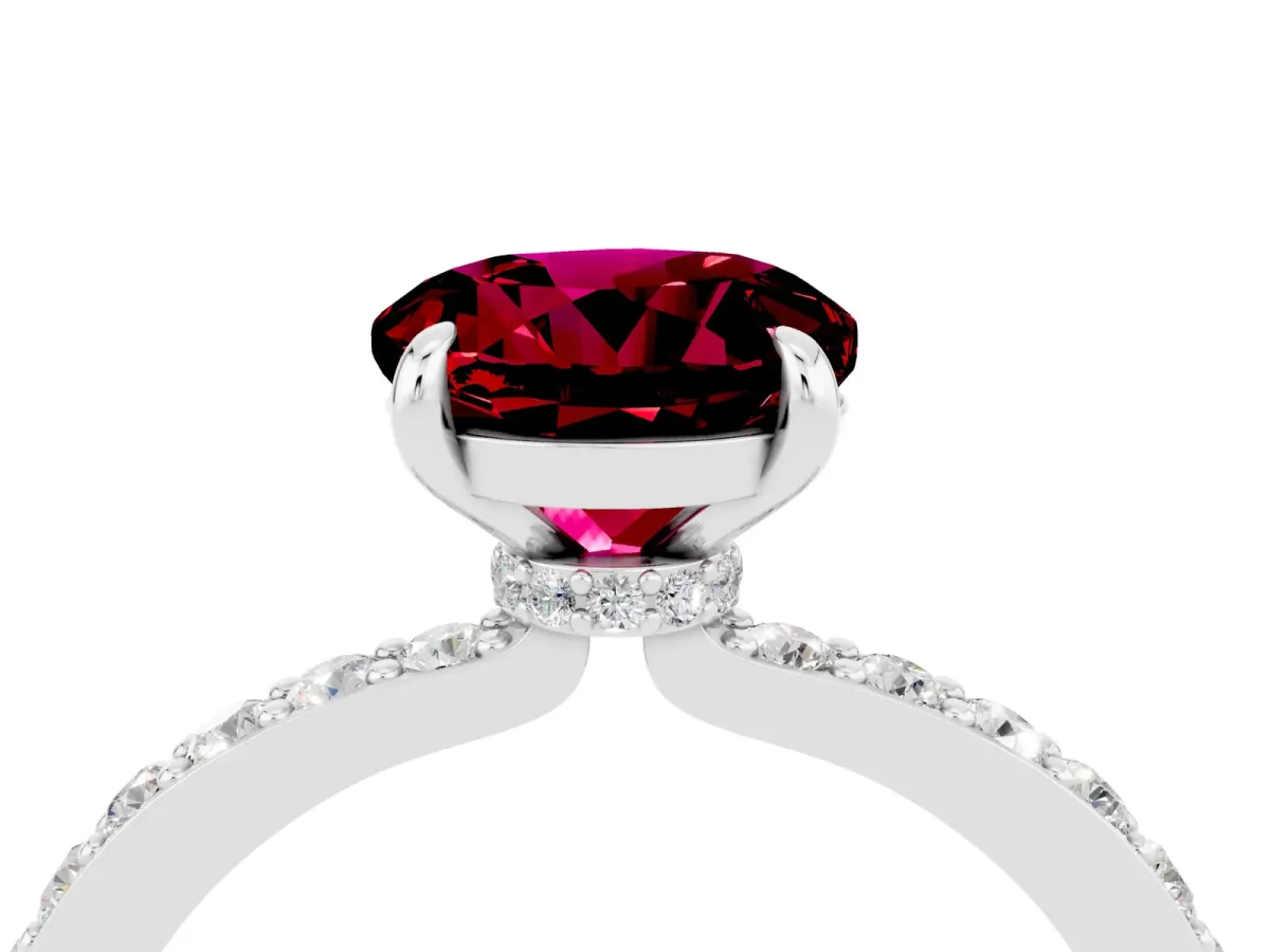 Round Cut Garnet Solitaire Engagement Ring with Pavé Band and Four-Prong Setting Silver