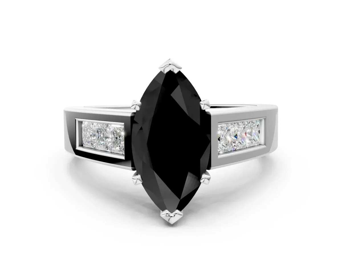 Fancy Black Marquise Cut Cut Channel Set Solitaire Ring with Four-Prong Setting Silver