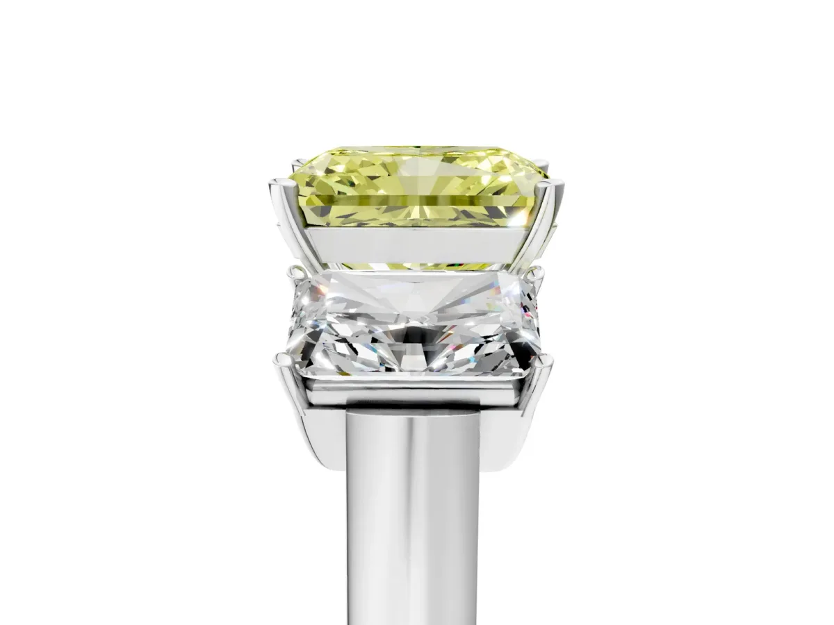 Fancy Yellow Three-Stone Radiant Cut Brilliant Diamond Trellis Ring with Comfort Fit Band Platinum