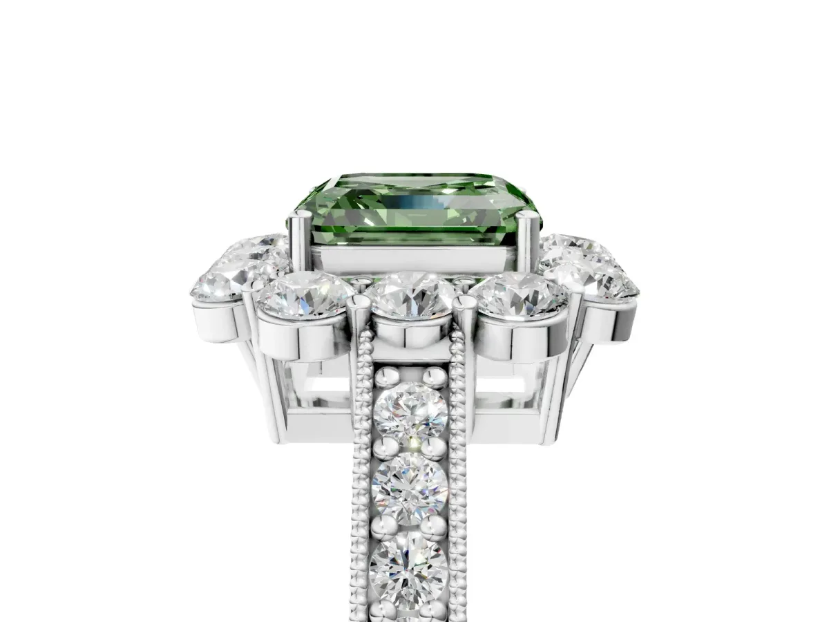 Fancy Green Asscher Cut Cut Halo Diamond Pavé Engagement Ring with Milgrain Detailing Platinum