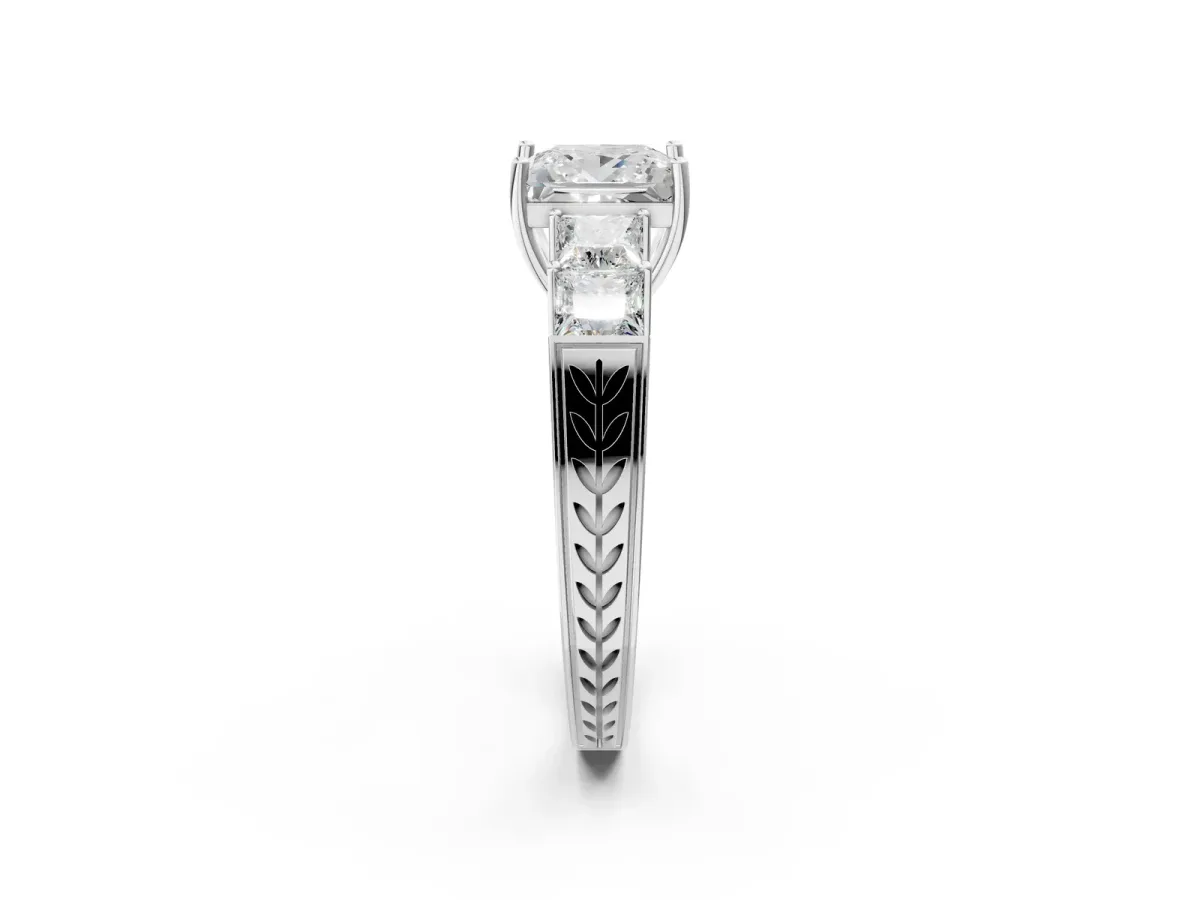 Princess Cut Solitaire Princess Side Stone Engraved Band Prong Setting Ring Silver