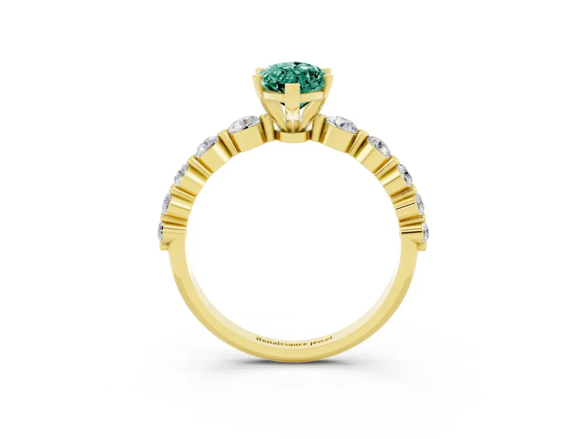 Marquise Cut Solitaire Green Sapphire Ring with Pave Band and Four-Prong Setting Yellow gold