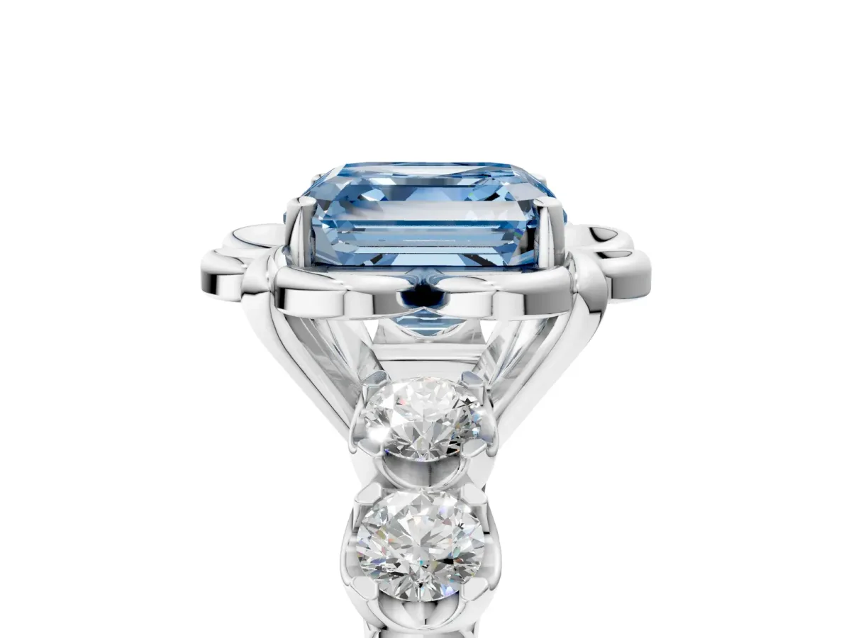 Fancy Blue Asscher Cut Cut Diamond Floral Halo Engagement Ring with Shared Prong Setting Platinum