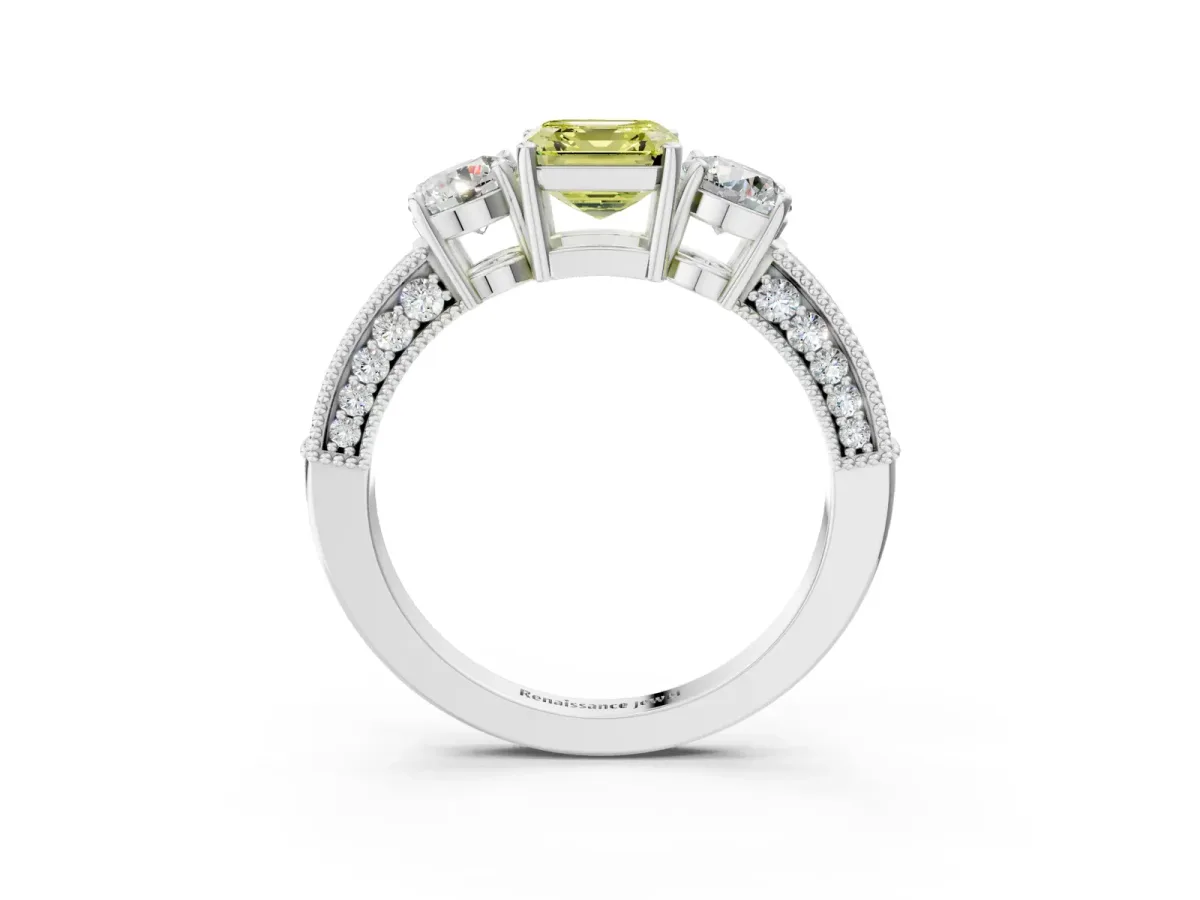 Fancy Yellow Asscher Cut Three-Stone Diamond Ring with Pavé Band and Four-Prong Setting Platinum
