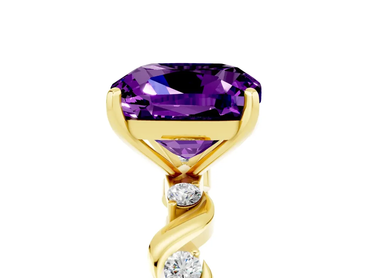 Cushion Cut Amethyst Solitaire Twisted Band with Round Accents and Prong Setting Yellow gold