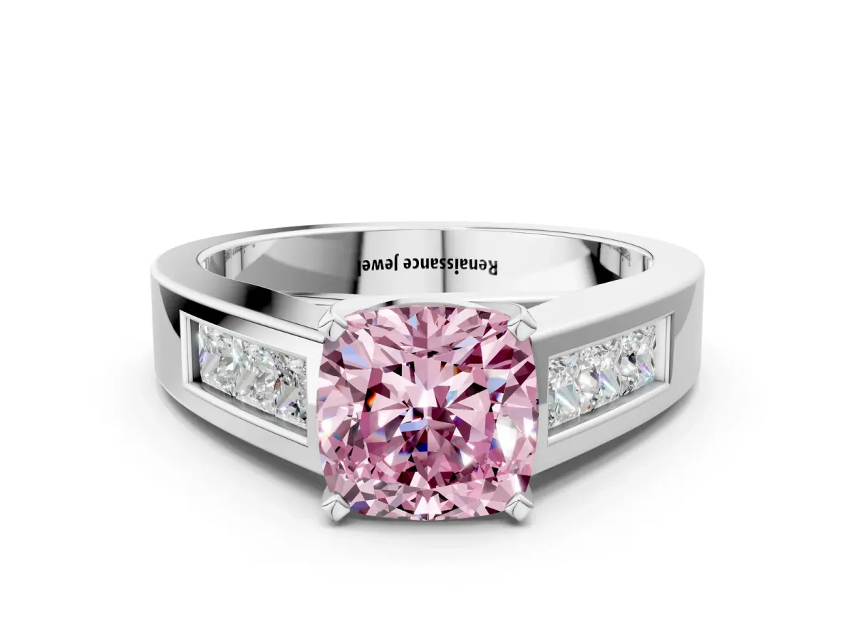 Fancy Pink Cushion Cut Cut Channel Set Solitaire Ring with Four-Prong Setting Platinum
