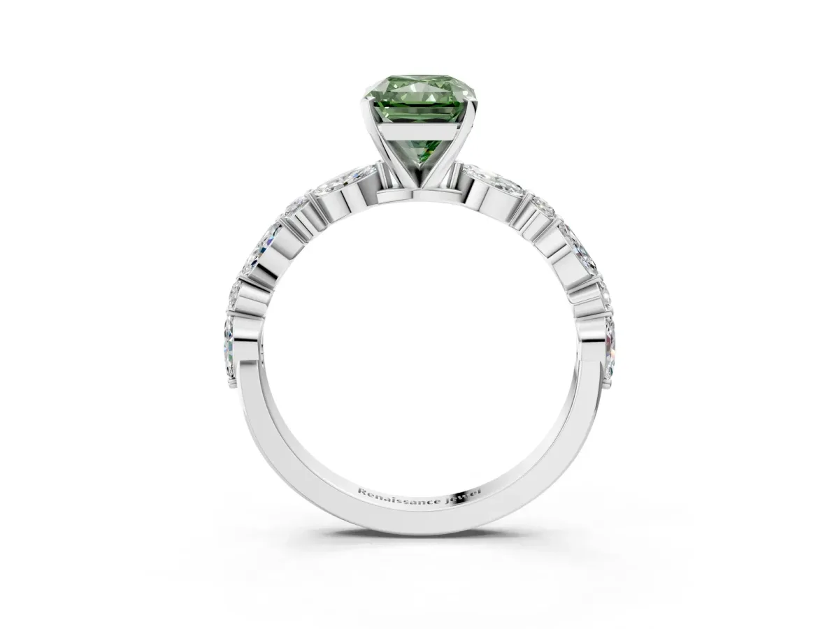 Fancy Green Radiant Cut Diamond Ring with Marquise and Round Side Stones and Four-Prong Setting White gold