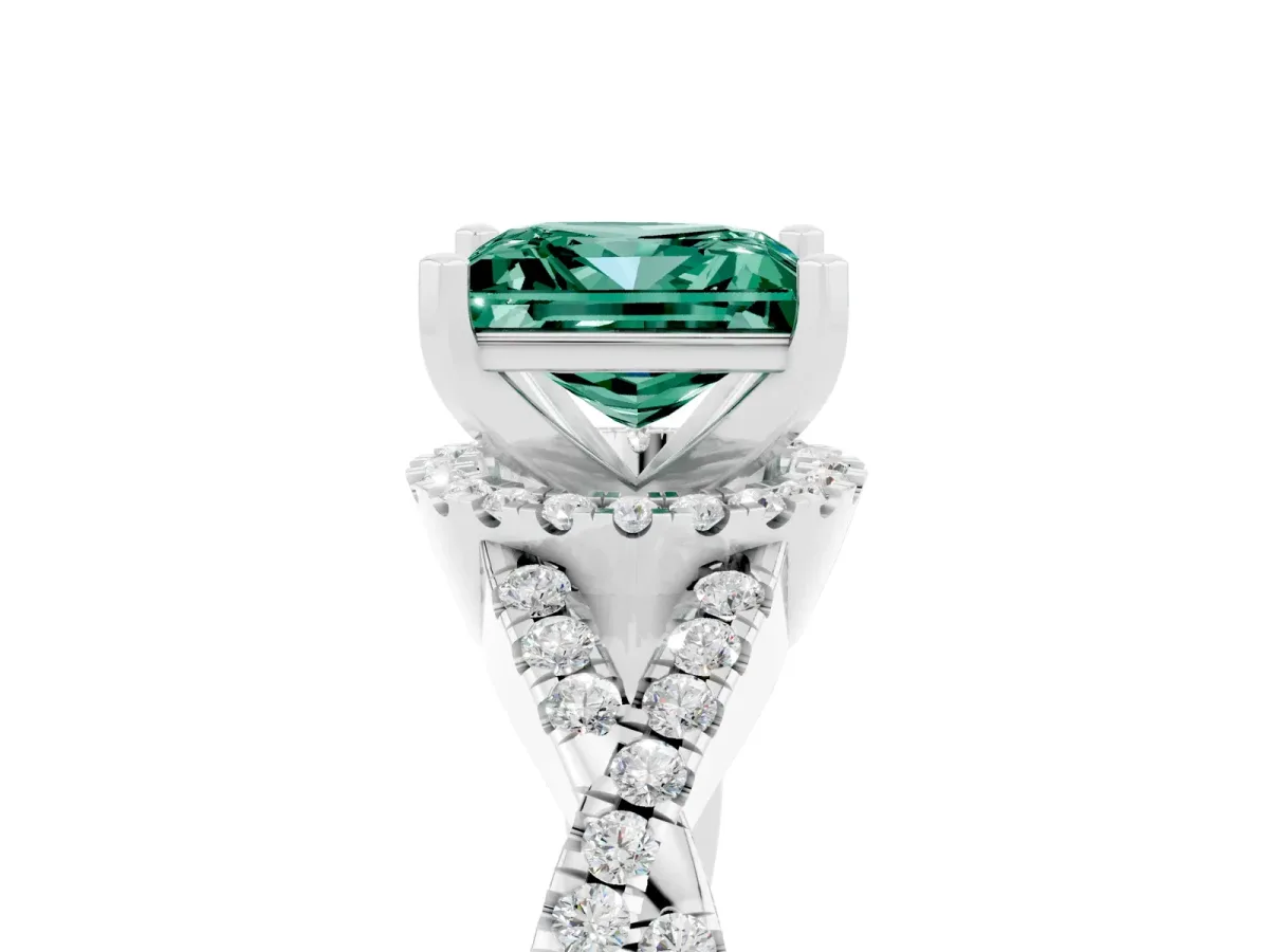 Princess Cut Green Sapphire Halo Twist Band Solitaire Prong Setting Ring White gold