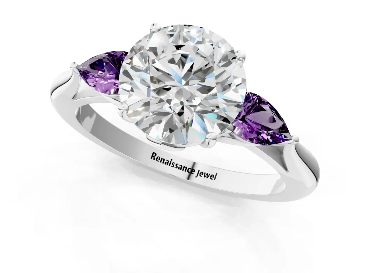Round Cut Diamond Three-Stone Ring with Pear Amethyst Side Stones and Prong Setting Silver